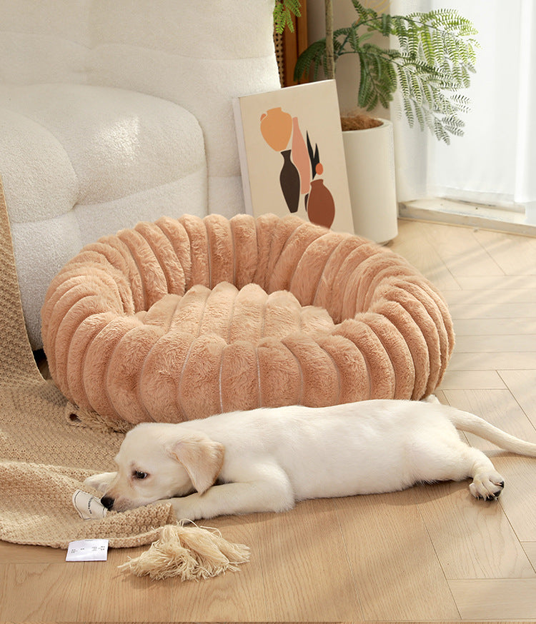 Khaki Plush Pet Bed - 40cm Round Dog &amp; Cat Mat, Cozy PP Cotton Filled, Comfortable Pet Supplies