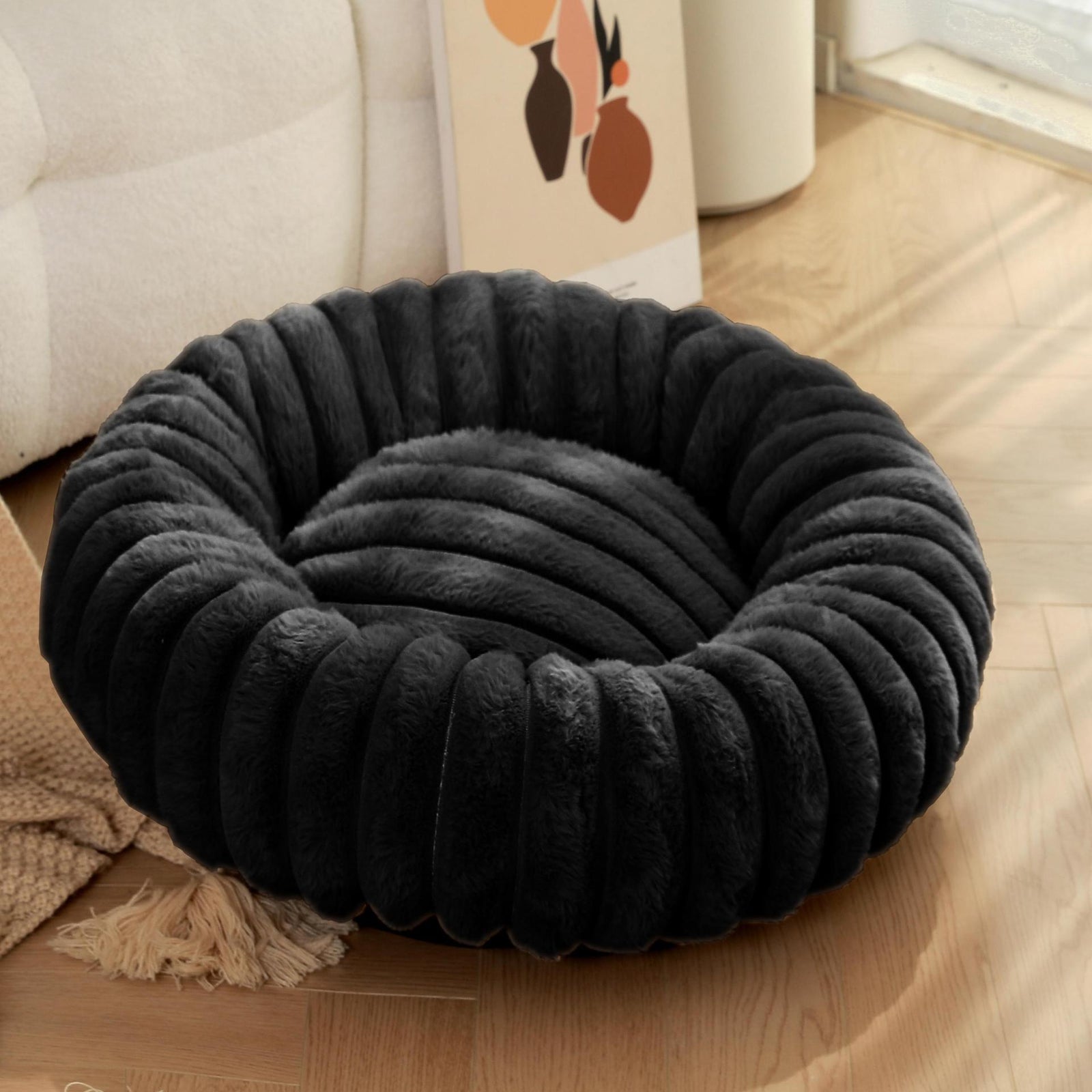 Black Plush Pet Bed - 40cm Round Dog & Cat Mat, Cozy PP Cotton Filled, Comfortable Pet Supplies
