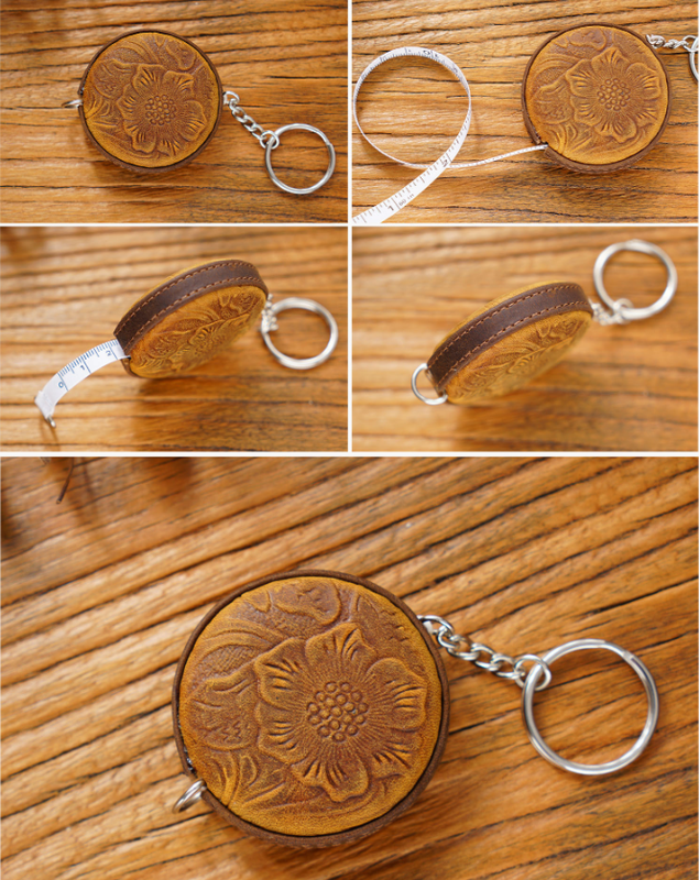 Coffee Side Band Mini Leather Tape Measure - 1.5m/60in - Round With Hook And Pattern