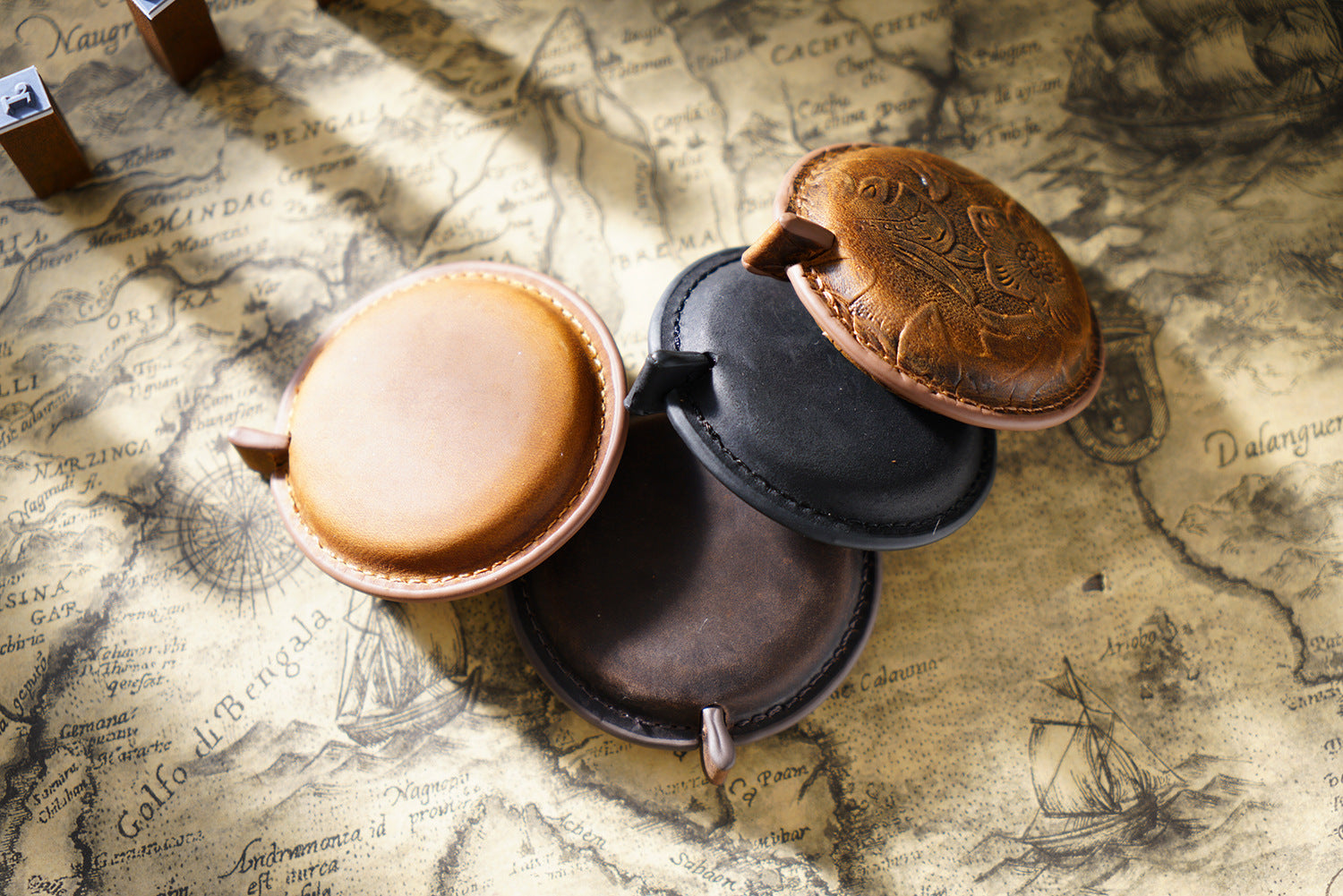 Coffee Side Band Mini Leather Tape Measure - 1.5m/60in - Round With Hook And Pattern