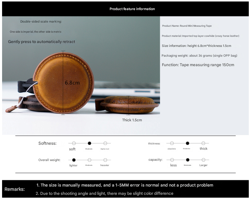Coffee Side Band Mini Leather Tape Measure - 1.5m/60in - Round With Hook And Pattern