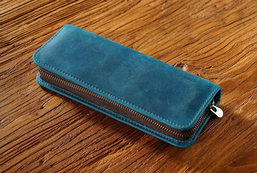 Blue Genuine Leather Pencil Case - Vintage Zip-Up Pen Holder with Elastic Loops