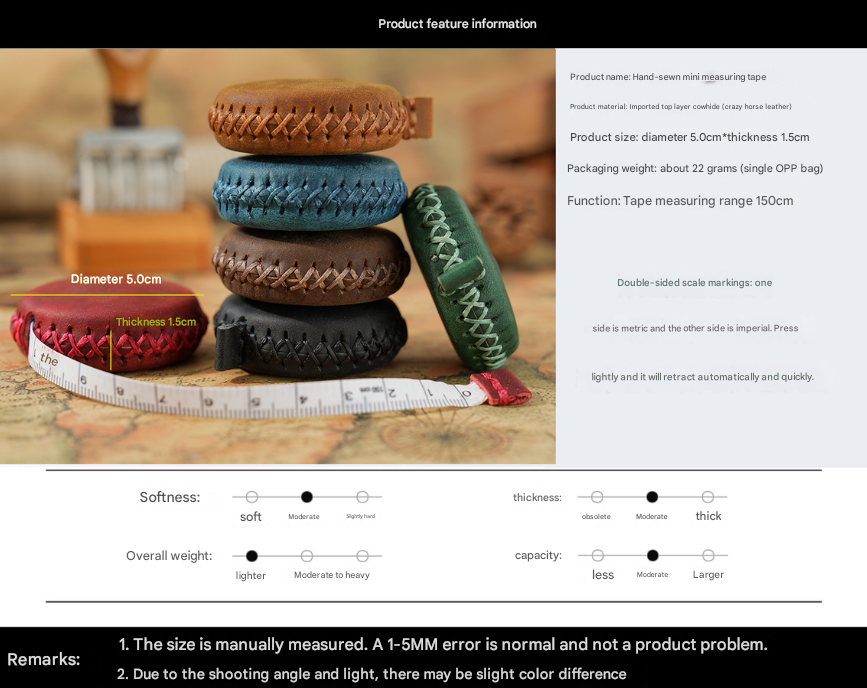 2 PCS Wine Red Hand-Stitched Leather Tape Measure - Compact & Stylish Measuring Tool