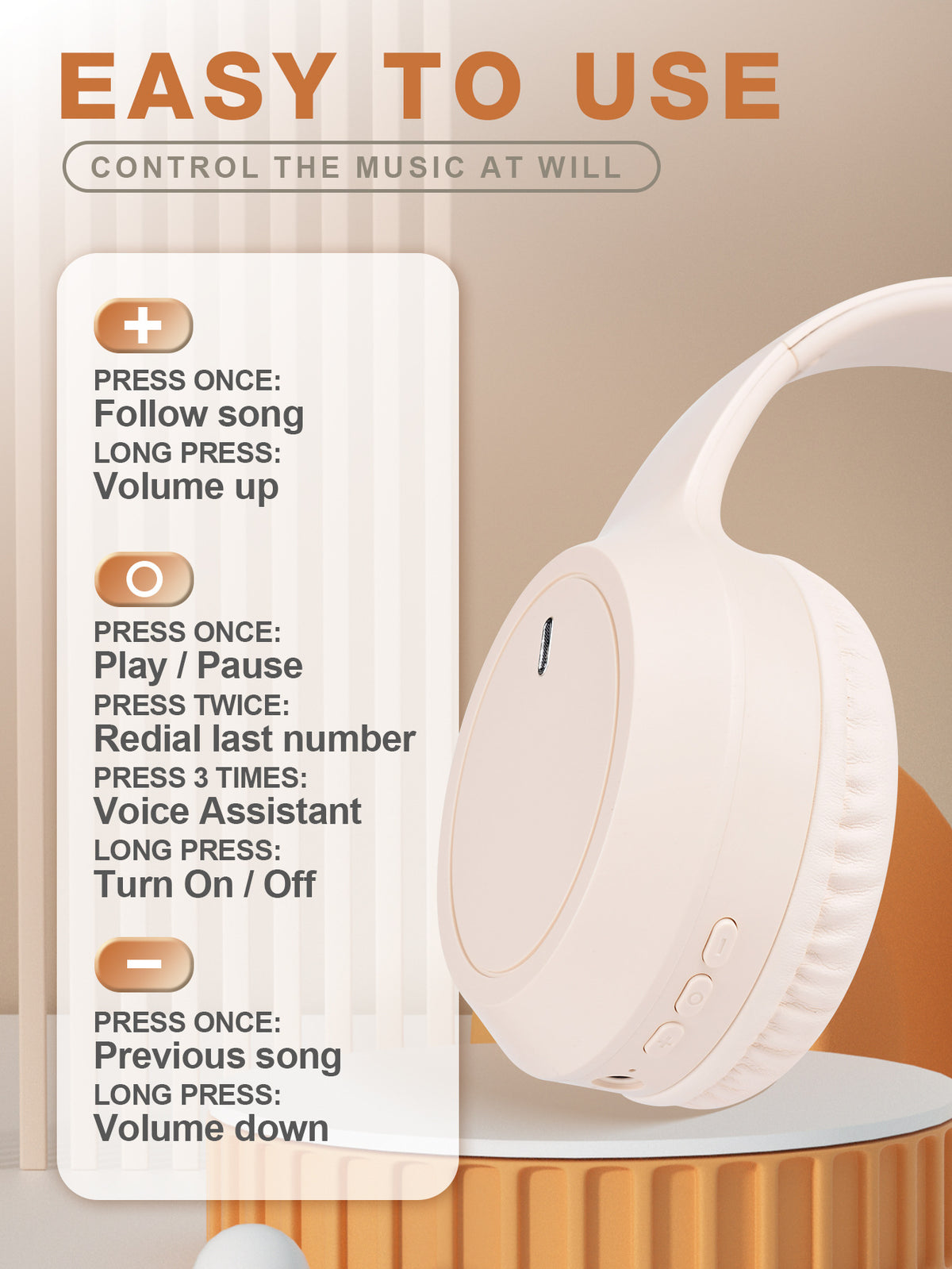 Khaki Over-Ear Wireless Headphones - Immersive Sound, 360° Surround Sound