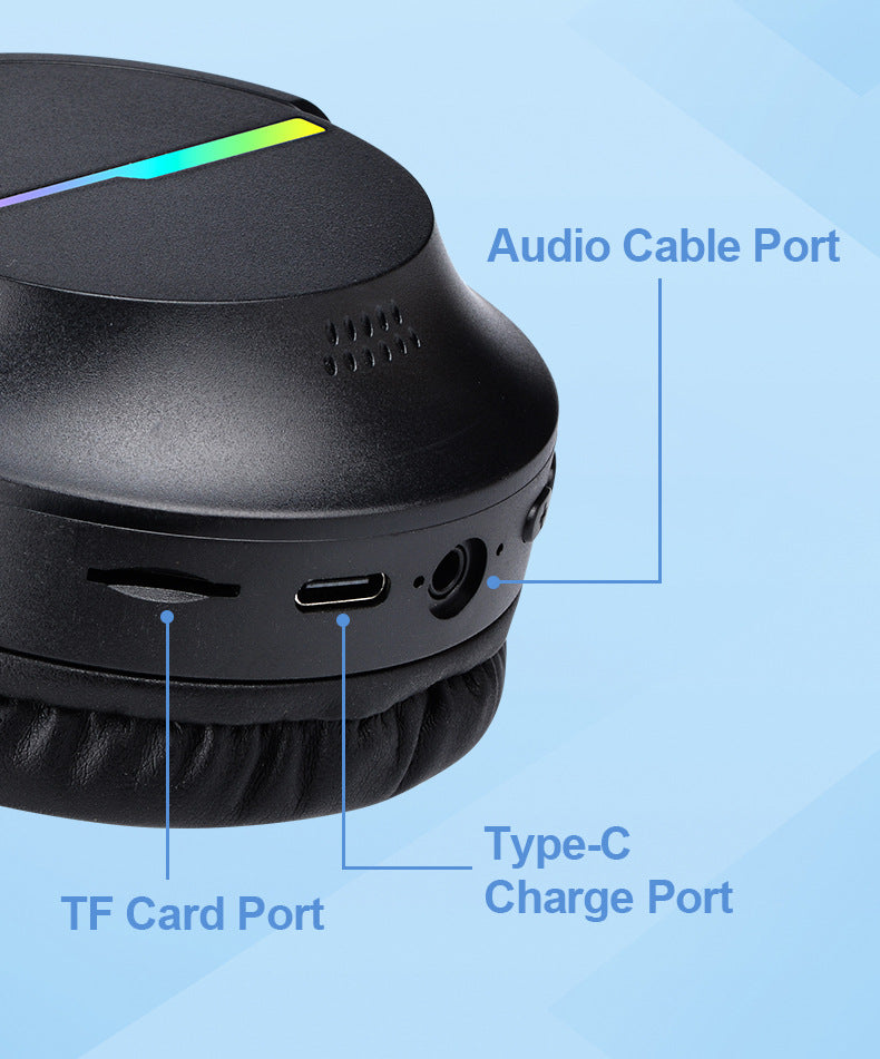 Black Wireless Gaming Headphones with Lights - Foldable Design, 40mm Drivers, Comfortable