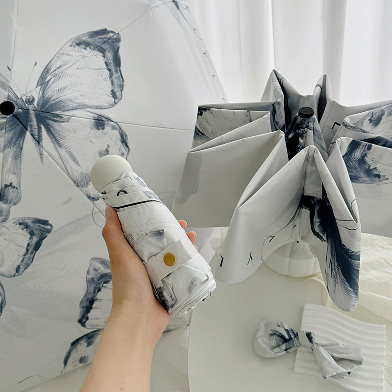 White Butterfly Mini 5-Fold Umbrella - Portable, Anti-UV, Black Glue Coating