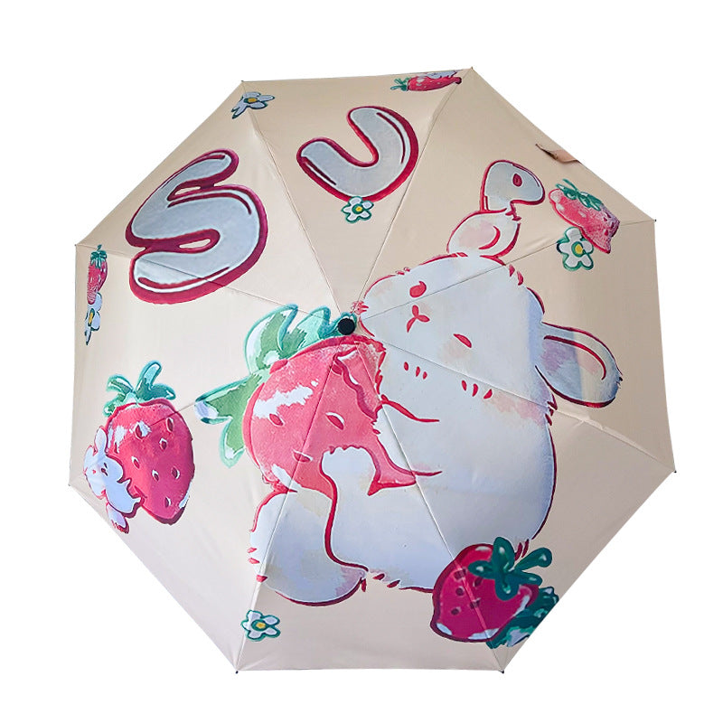 Strawberry Rabbit Mini 5-Fold Umbrella - Portable, Anti-UV, Black Glue Coating