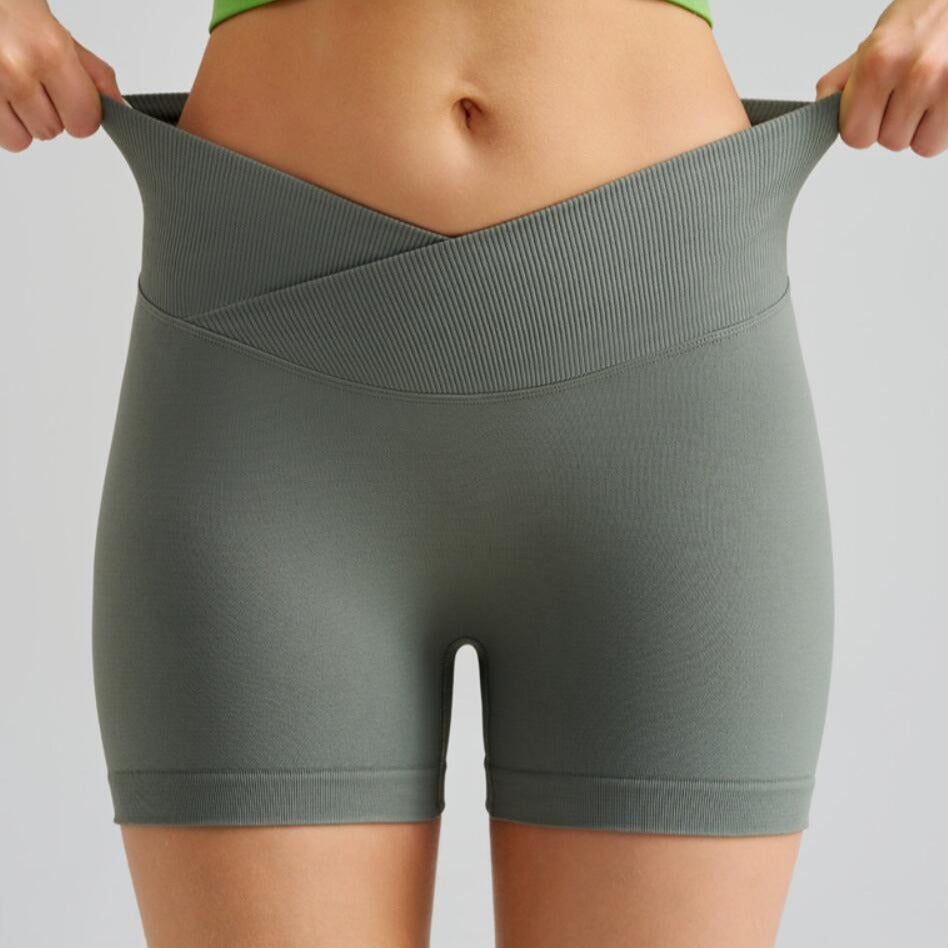 Grass Green Gray Yoga Shorts - Seamless, High Waist, Tummy Control Size XL