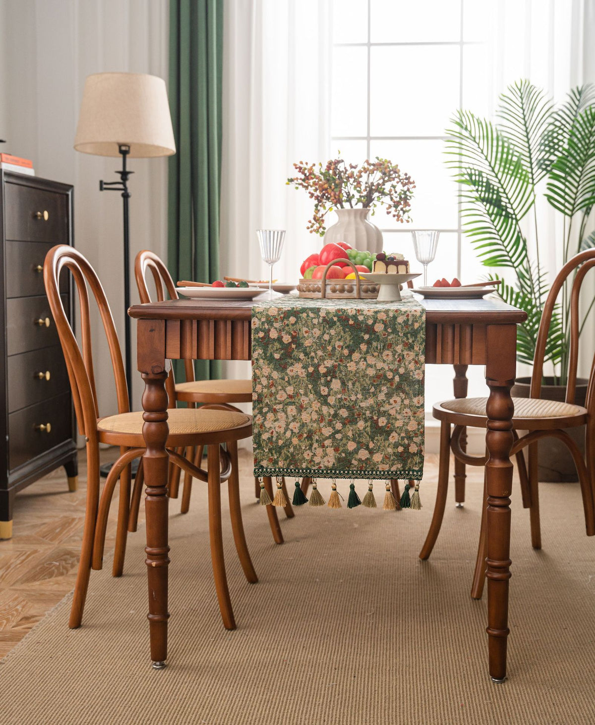 Floral Table Runner with Tassels - Jacquard Green Farmhouse Style (33x240cm)