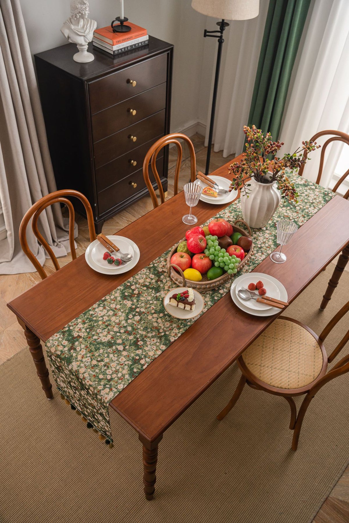 Floral Table Runner with Tassels - Jacquard Green Farmhouse Style (33x350cm)