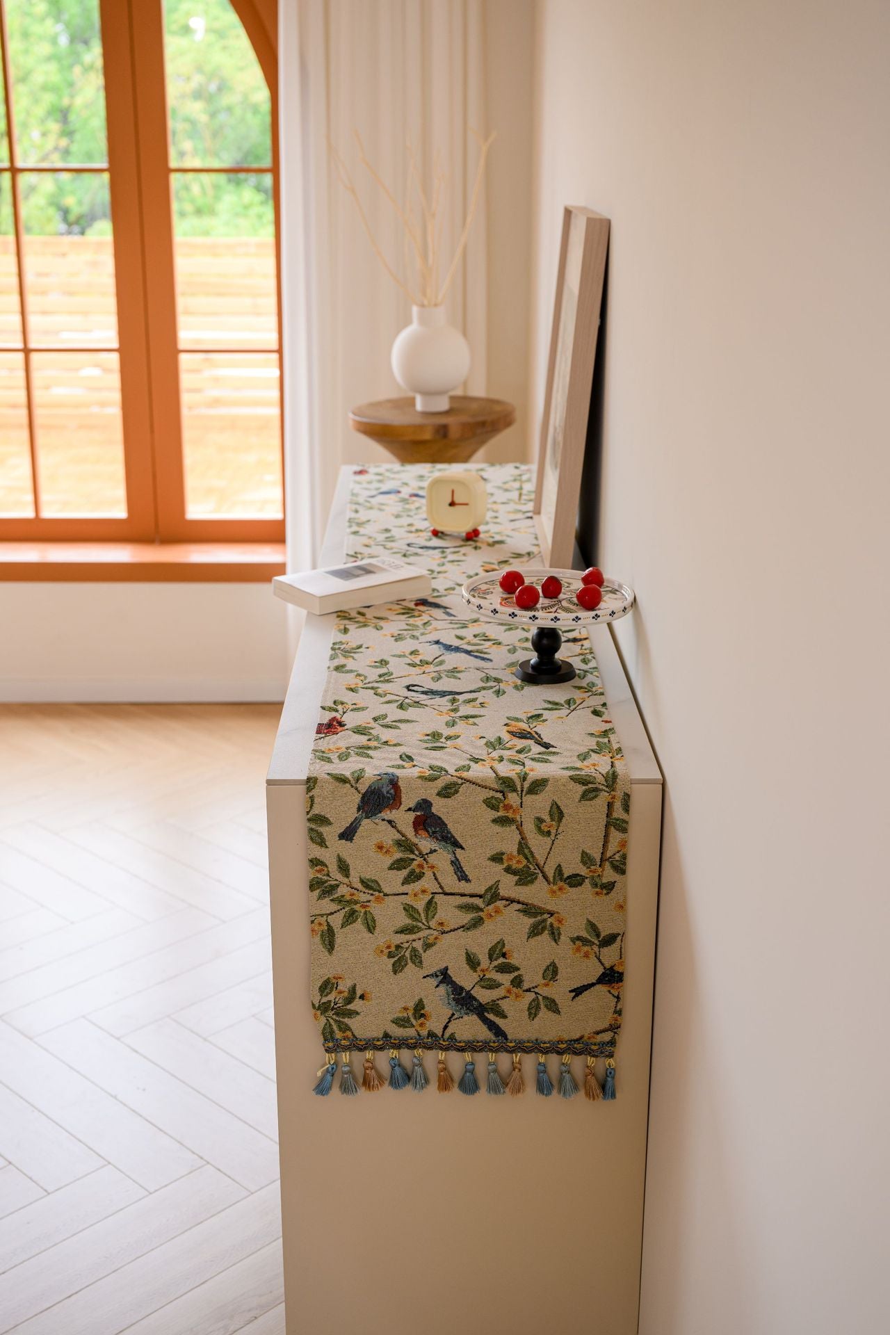 Birds & Branch Table Runner - Jacquard Woven Beige with Tassels(33X180CM)