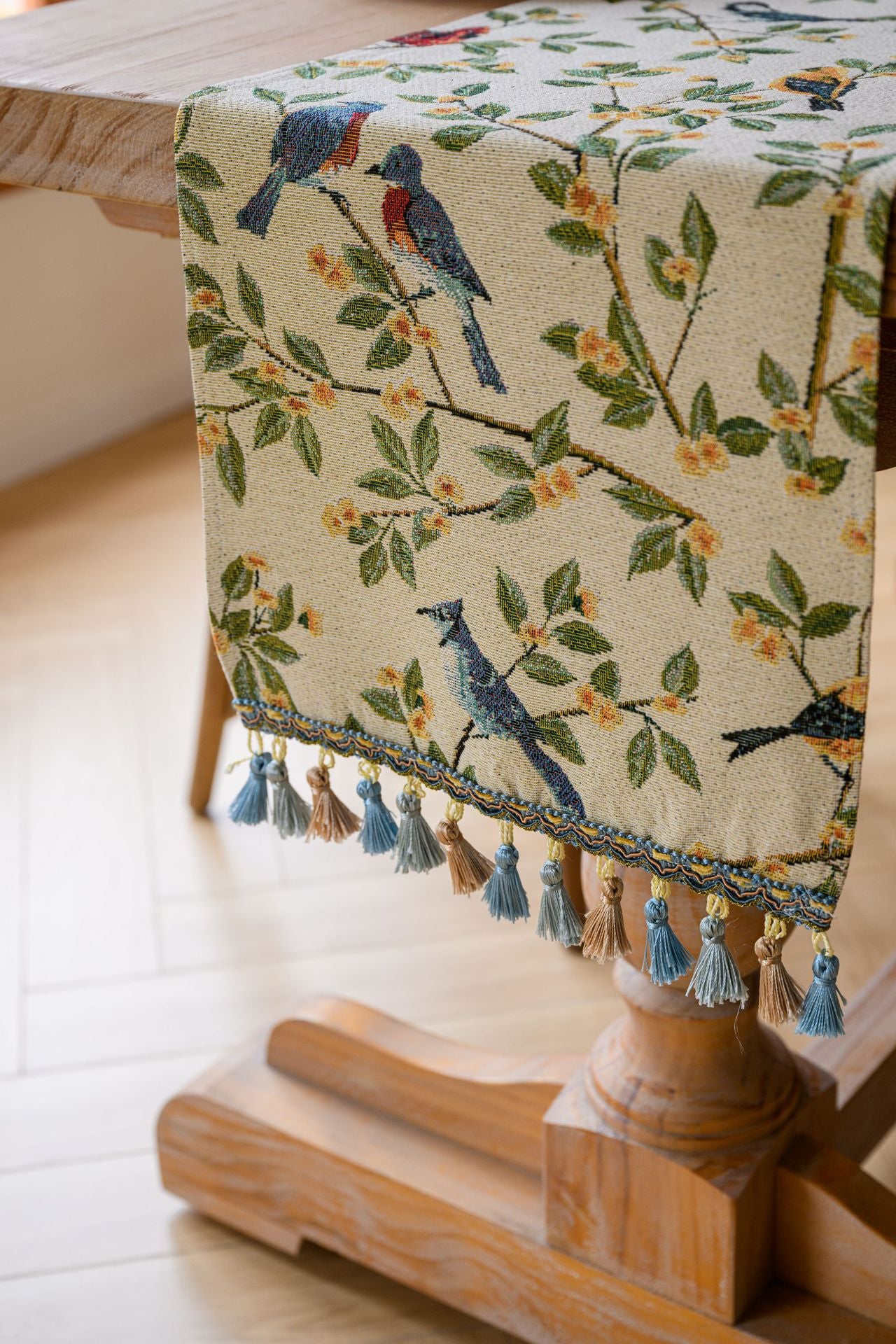Birds & Branch Table Runner - Jacquard Woven Beige with Tassels(33X240CM)