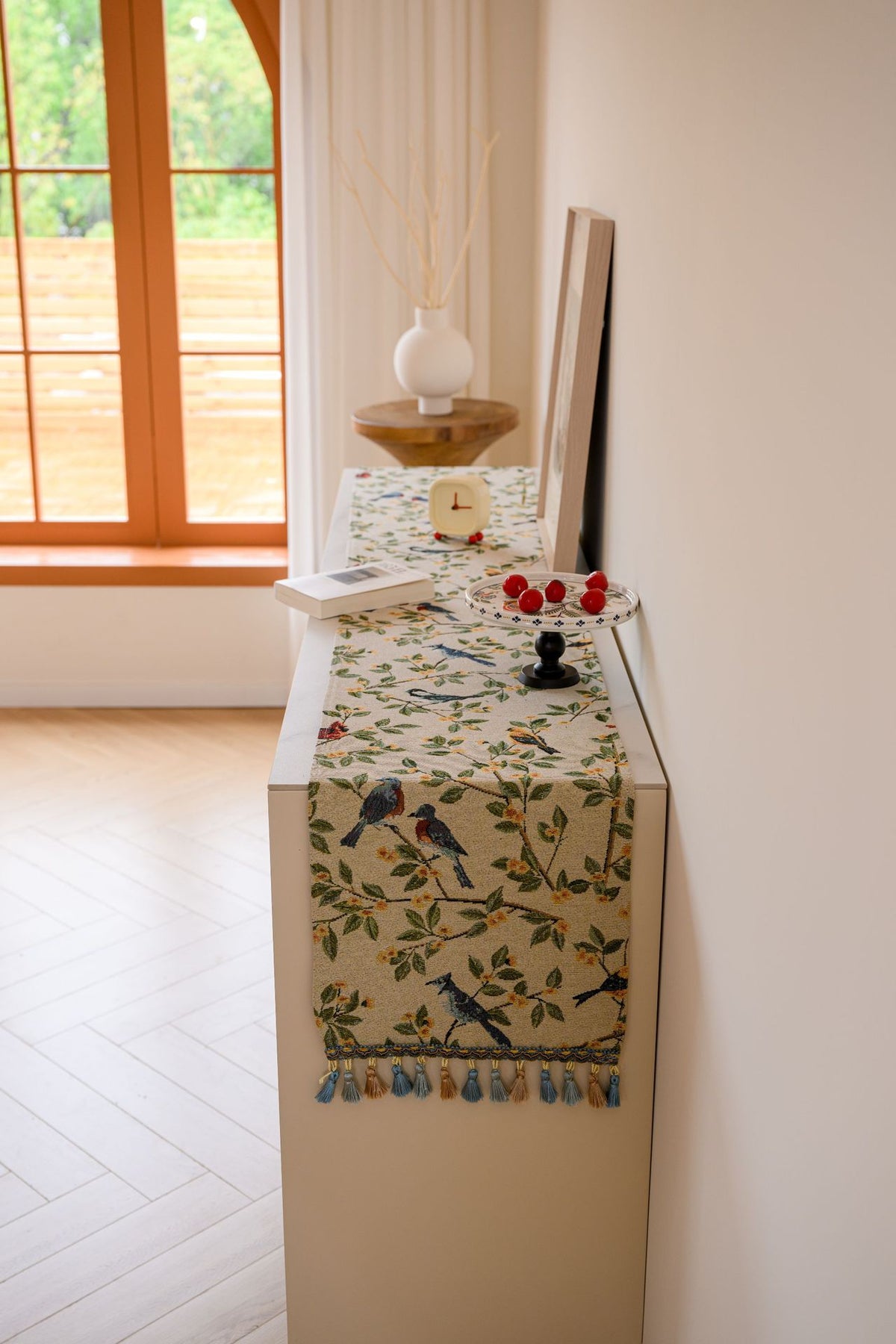Birds & Branch Table Runner - Jacquard Woven Beige with Tassels(33X400CM)
