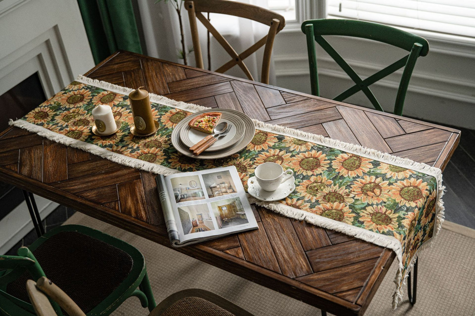 2 PCS Sunflower Table Runner with Fringe - Jacquard Woven Cotton Blend (30x120cm)