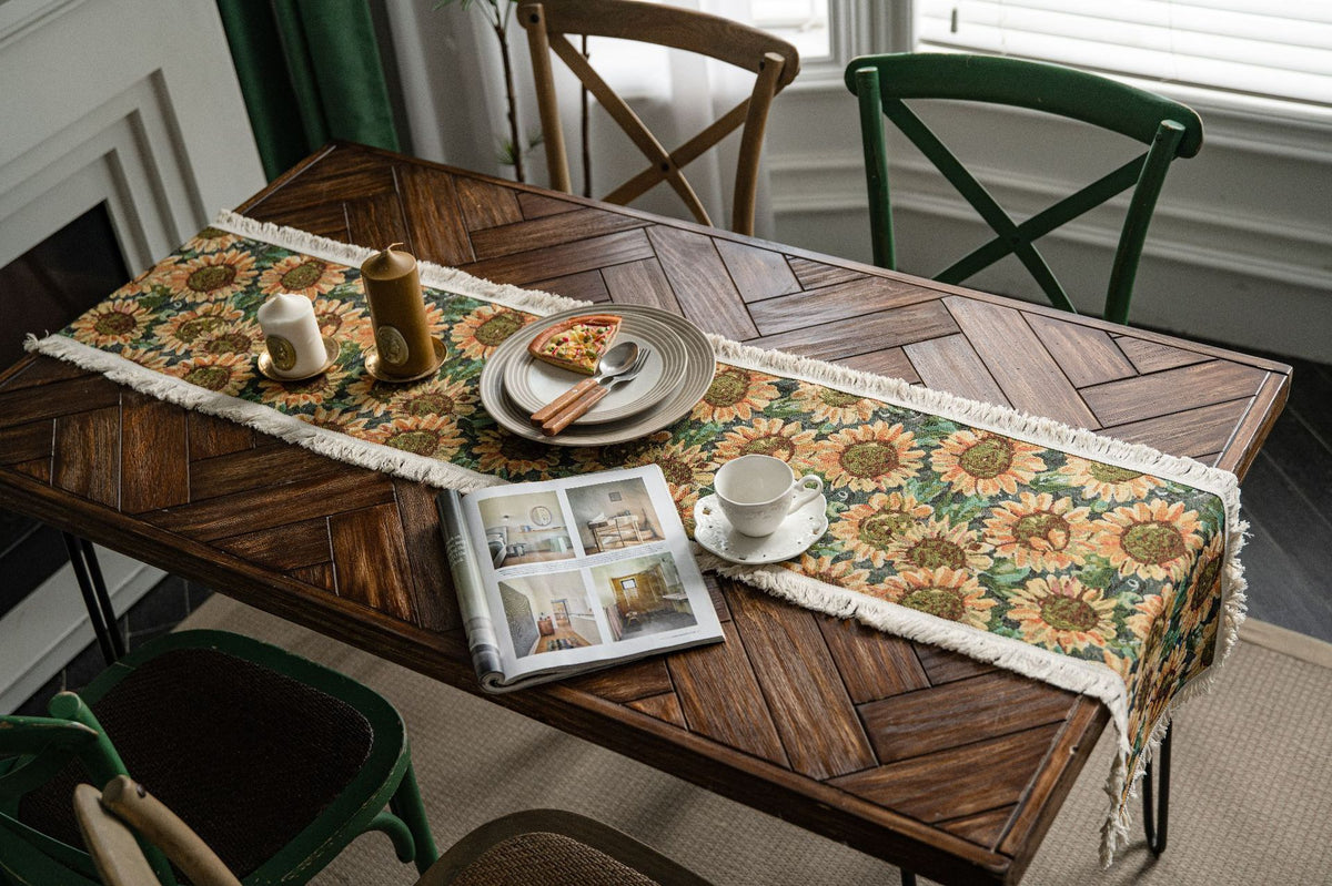Sunflower Table Runner with Fringe - Jacquard Woven Cotton Blend (30x180cm)