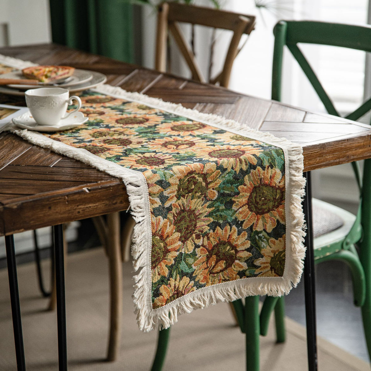 Sunflower Table Runner with Fringe - Jacquard Woven Cotton Blend (30x220cm)