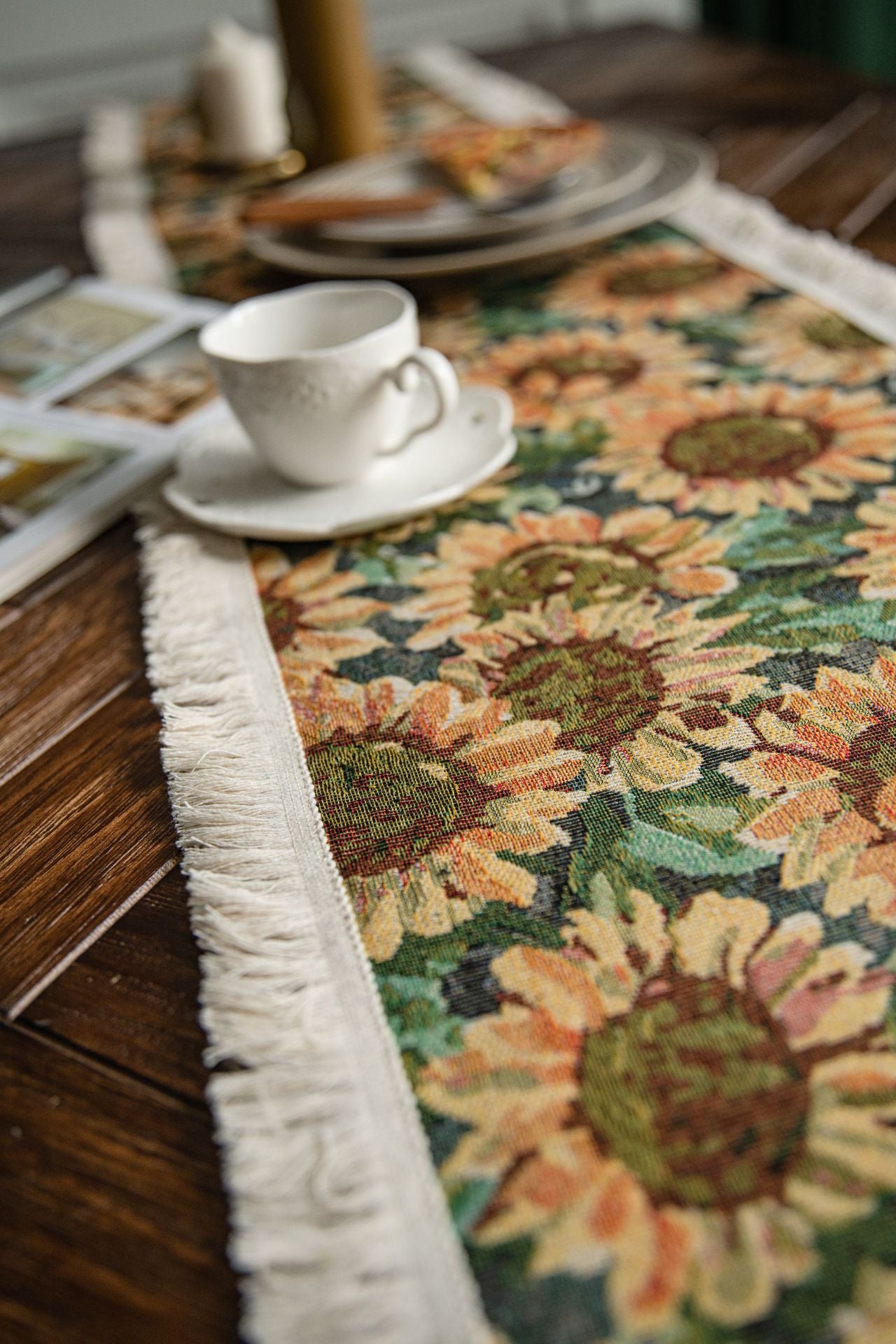 Sunflower Table Runner with Fringe - Jacquard Woven Cotton Blend (30x220cm)