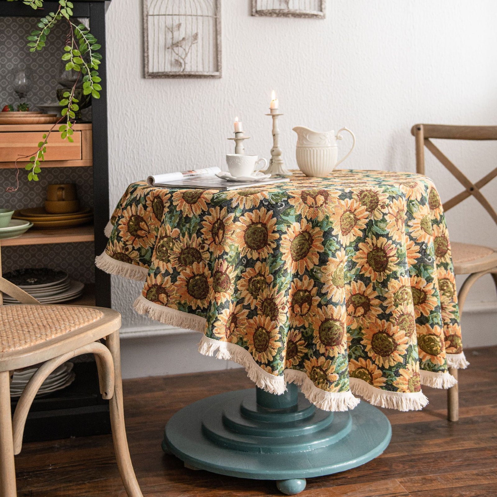 Round Sunflower Tablecloth - Jacquard Woven Cotton with Fringe Trim (150cm)