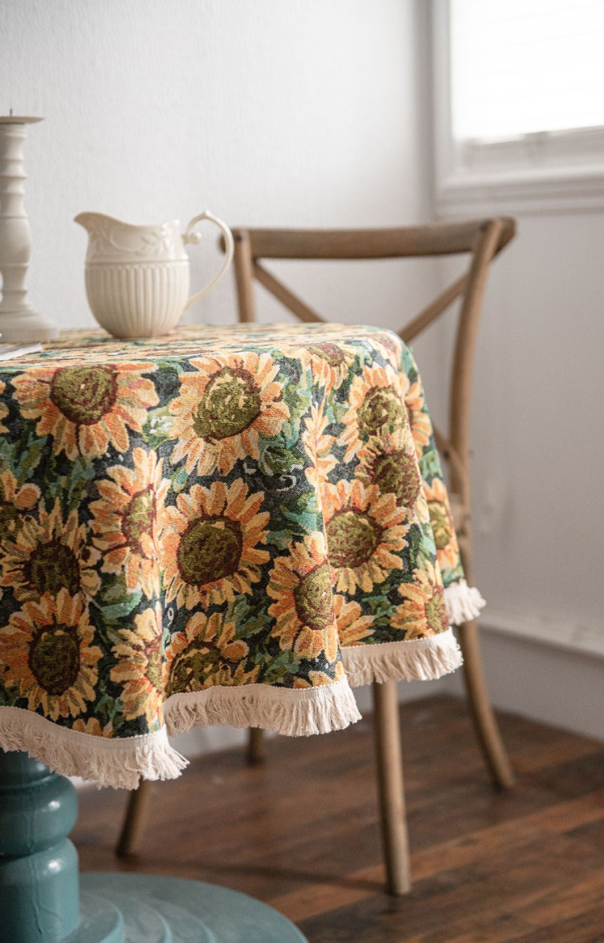 Round Sunflower Tablecloth - Jacquard Woven Cotton with Fringe Trim (150cm)