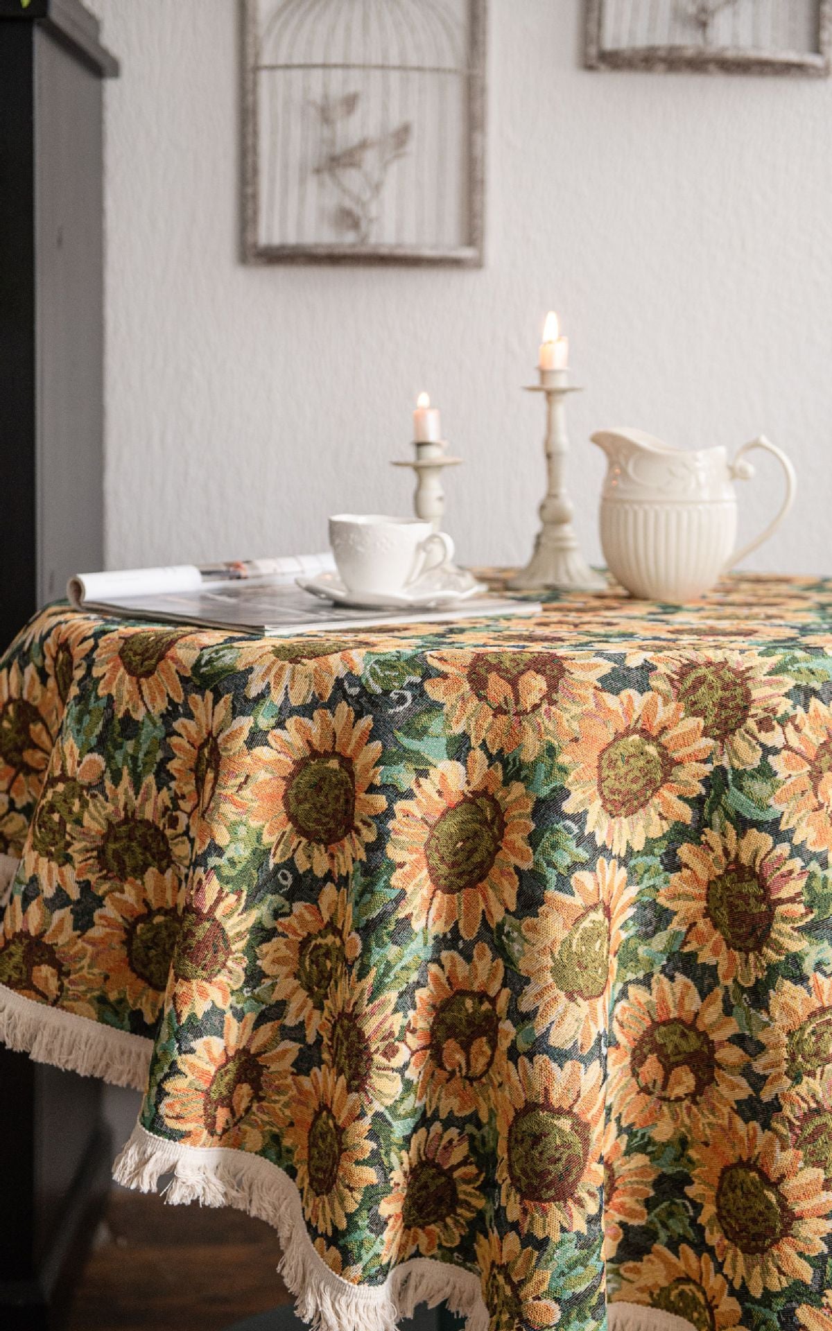 Round Sunflower Tablecloth - Jacquard Woven Cotton with Fringe Trim (150cm)