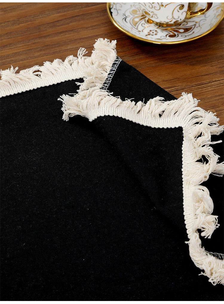4 PCS Black Cotton Linen Placemat with Fringe - Solid Color Table Mat for Dining (30X30CM)