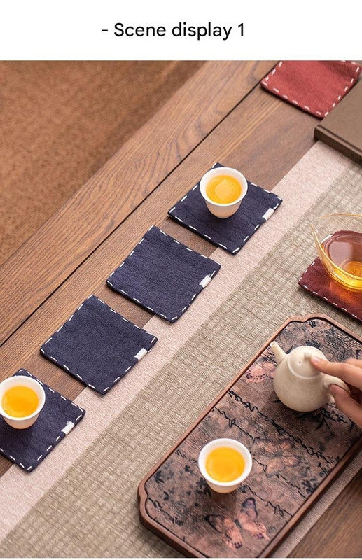 Yellow Chinese Style Linen Coasters - Set of 4, Hand-Embroidered Tea Mats (9x9cm)