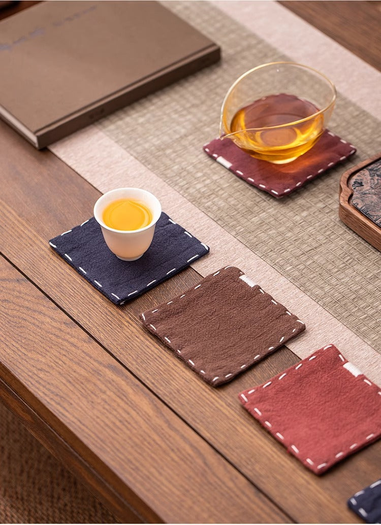 Brown Chinese Style Linen Coasters - Set of 4, Hand-Embroidered Tea Mats (9x9cm)