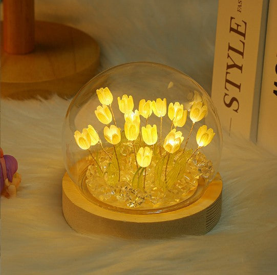 (Thirteen Yellow Tulips) Glowing Tulip Dome Lamp -  Wooden Base, Bedside Table Decoration