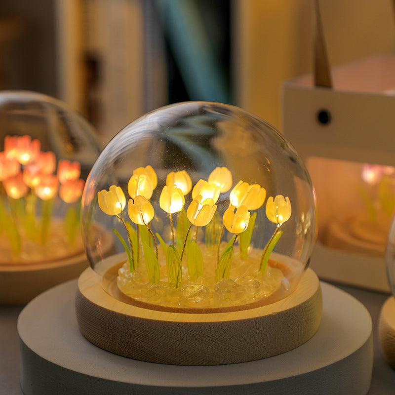 (Thirteen Yellow Tulips) Glowing Tulip Dome Lamp -  Wooden Base, Bedside Table Decoration
