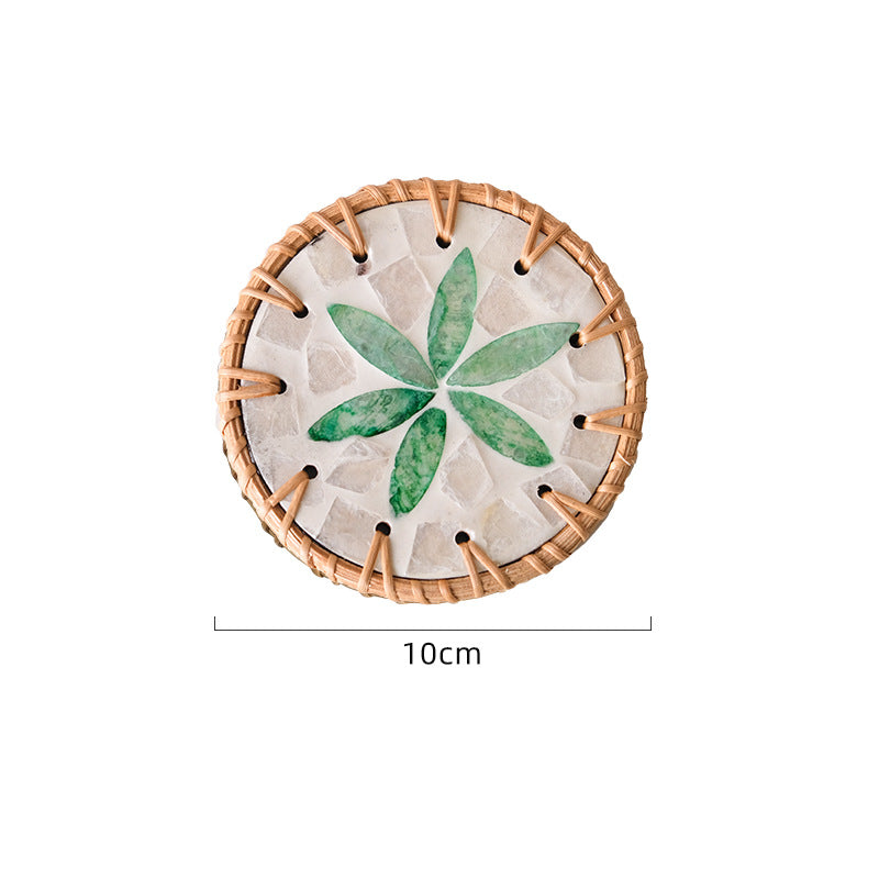 (Green Leaf Pattern) Set of 5 Rattan &amp; Shell Coasters - Decorative &amp; Heat Resistant