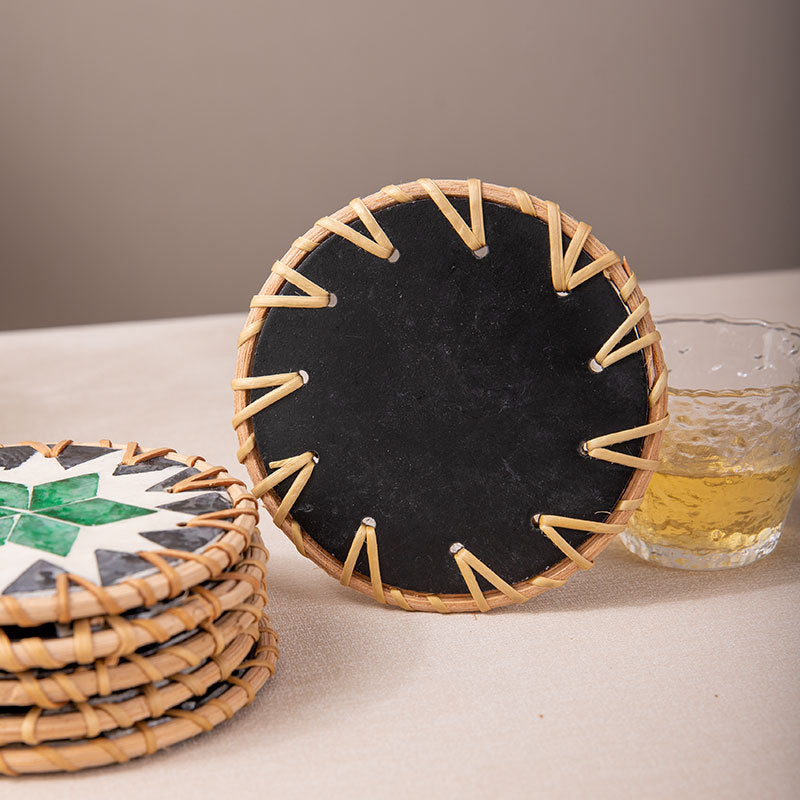 (Green Leaf Pattern) Set of 5 Rattan & Shell Coasters - Decorative & Heat Resistant