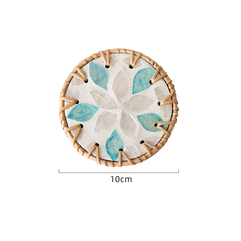 (White Orchid Leaves) Set of 5 Rattan &amp; Shell Coasters - Decorative &amp; Heat Resistant