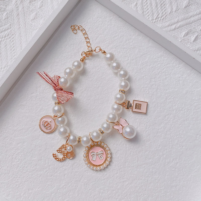 Pink 4-PCS Pearl Charm Pet Necklace - Adjustable Bowknot Collar for Small Dogs & Cats (S: 20+5CM)