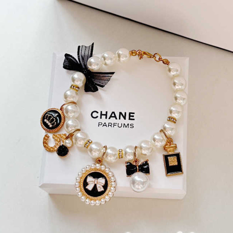Black 4-PCS Pearl Charm Pet Necklace - Adjustable Bowknot Collar for Small Dogs &amp; Cats (S: 20+5CM)