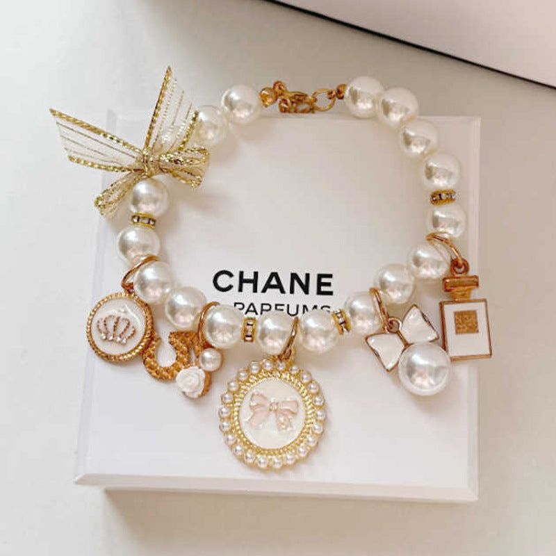 White 4-PCS Pearl Charm Pet Necklace - Adjustable Bowknot Collar for Small Dogs &amp; Cats (S: 20+5CM)