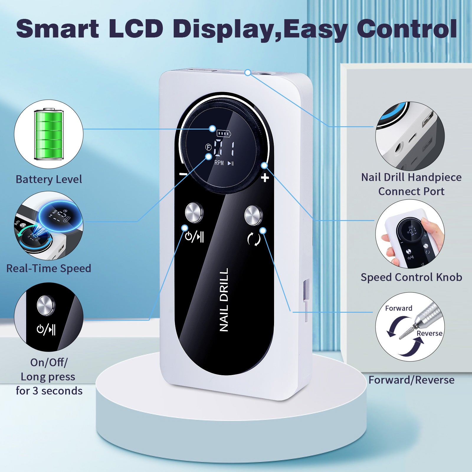 White Professional 45000RPM Rechargeable Nail Drill - Portable Electric Nail File for Manicure & Pedicure