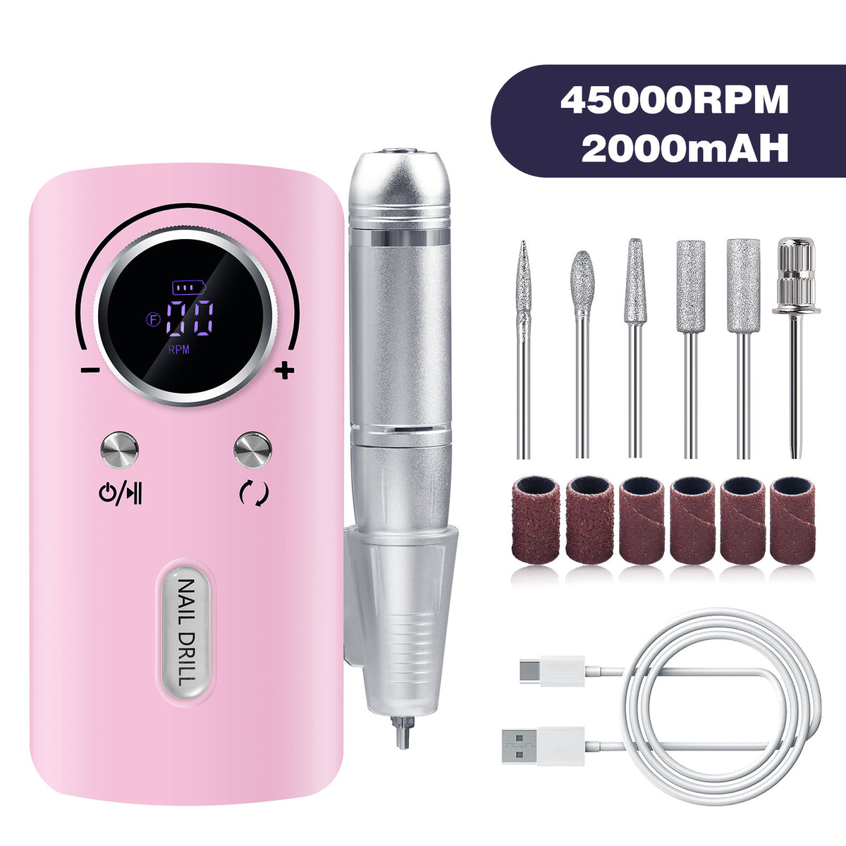 Pink Professional Electric Nail Drill, 45000RPM Rechargeable Nail Grinder Polisher for Salon &amp; Home Use