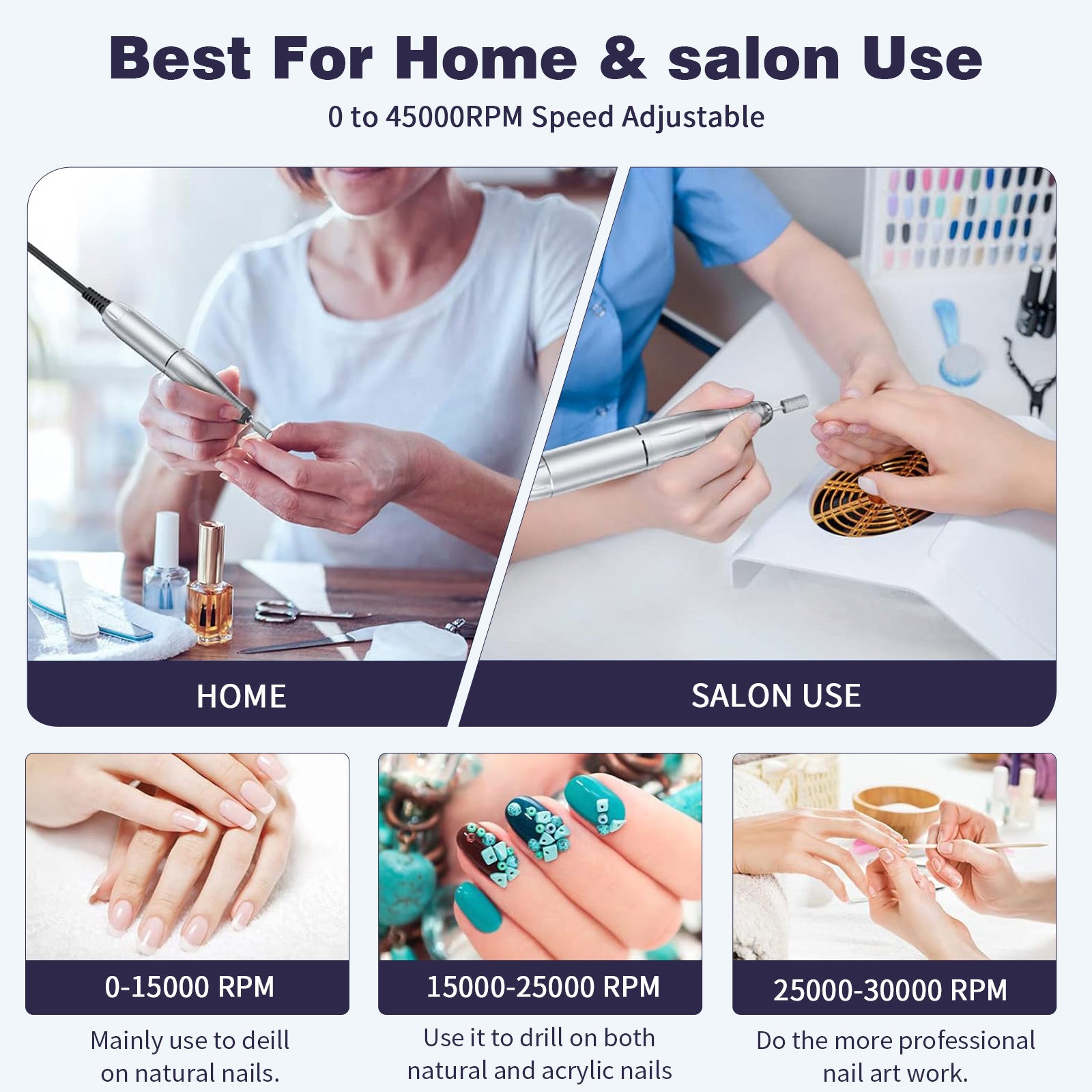 Pink Professional Electric Nail Drill, 45000RPM Rechargeable Nail Grinder Polisher for Salon & Home Use