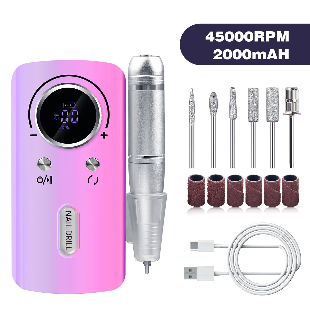 Purple Professional Electric Nail Drill, 45000RPM Rechargeable Nail Grinder Polisher for Salon &amp; Home Use