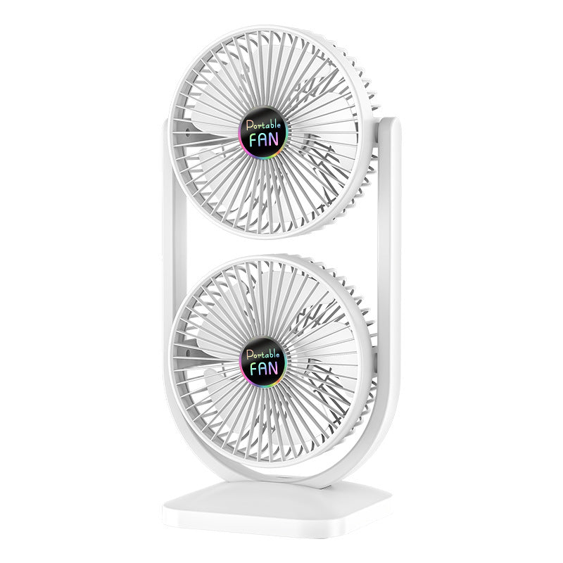 White Dual Head USB Rechargeable Desk Fan - Portable Double Air Circulator