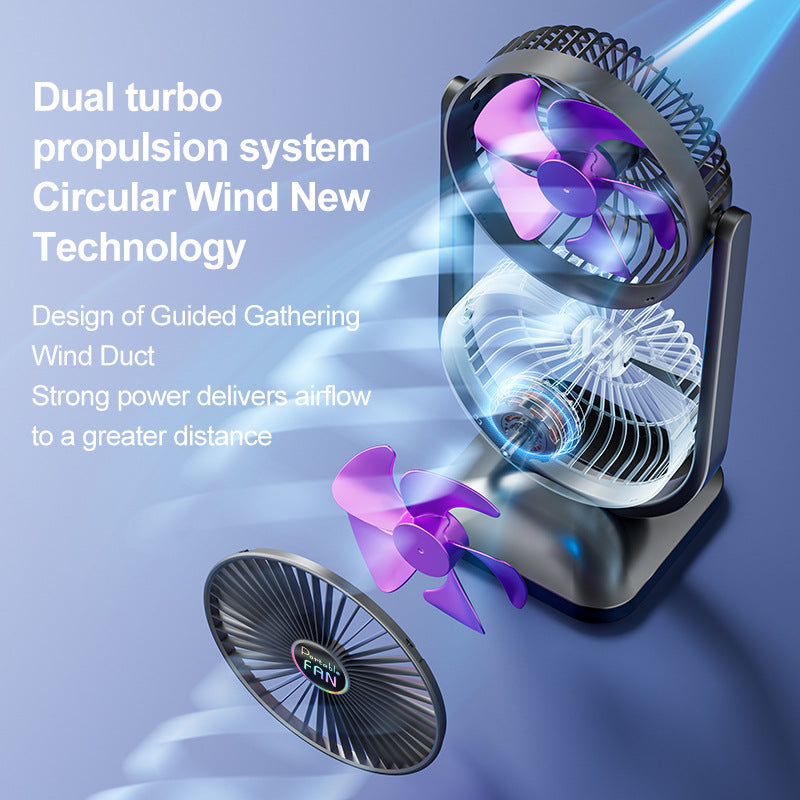 White Dual Head USB Rechargeable Desk Fan - Portable Double Air Circulator