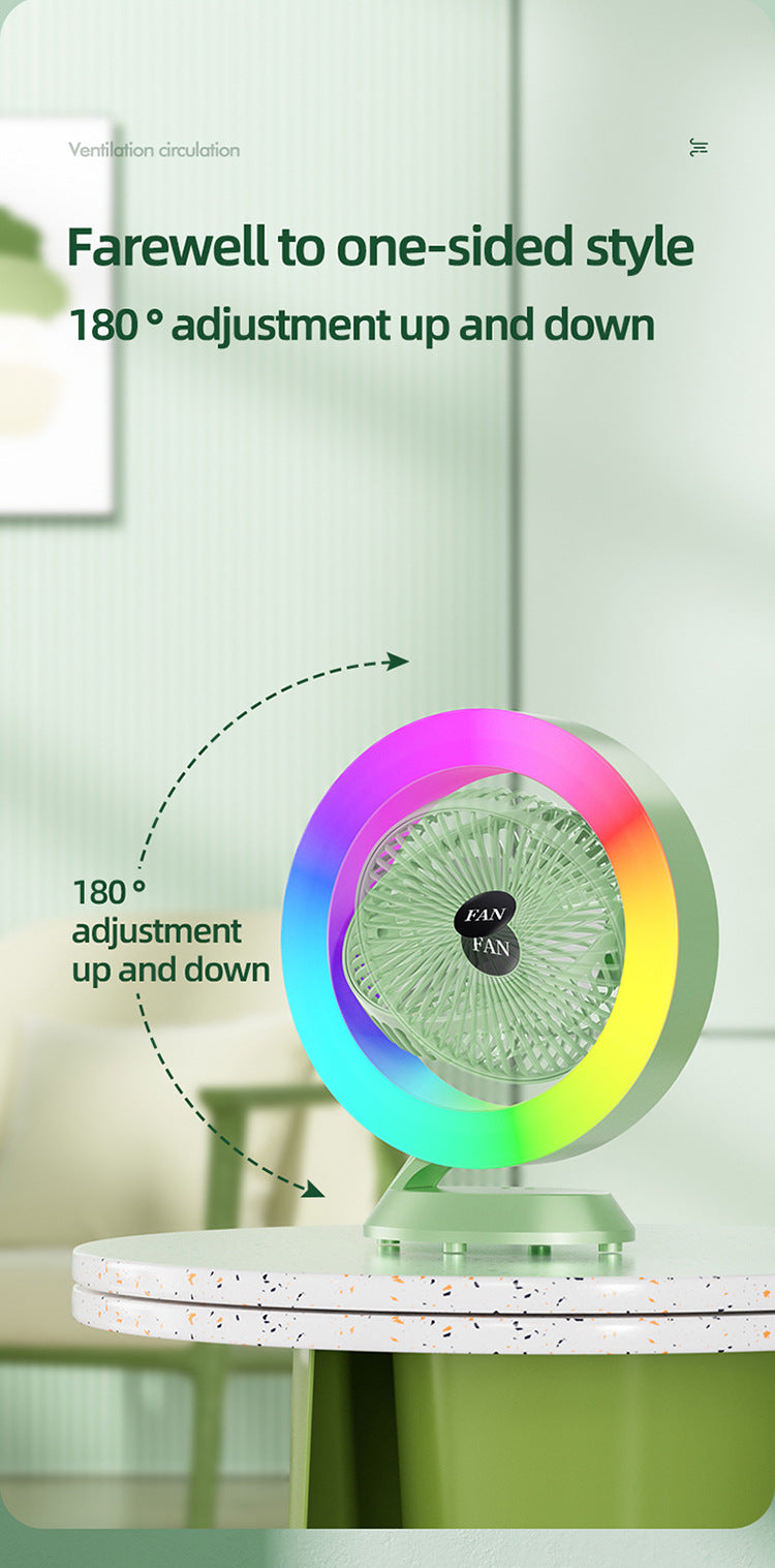 Green RGB Desktop Fan - USB Rechargeable, 3-Speed, 180° Adjustable, LED Light