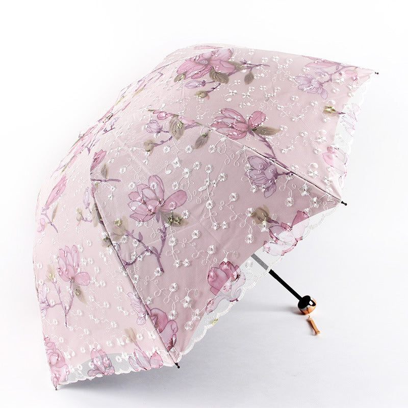Pink Elegant Lace Parasol - UV Protection, Sun &amp; Rain Umbrella, Tri-Fold Design