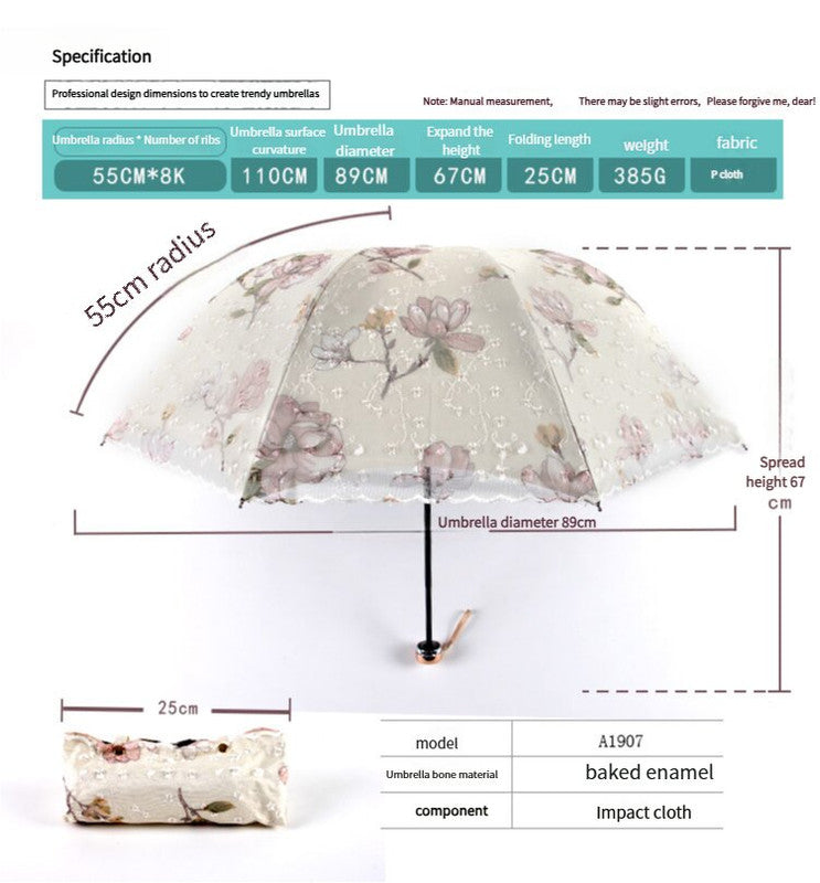 Pink Elegant Lace Parasol - UV Protection, Sun & Rain Umbrella, Tri-Fold Design