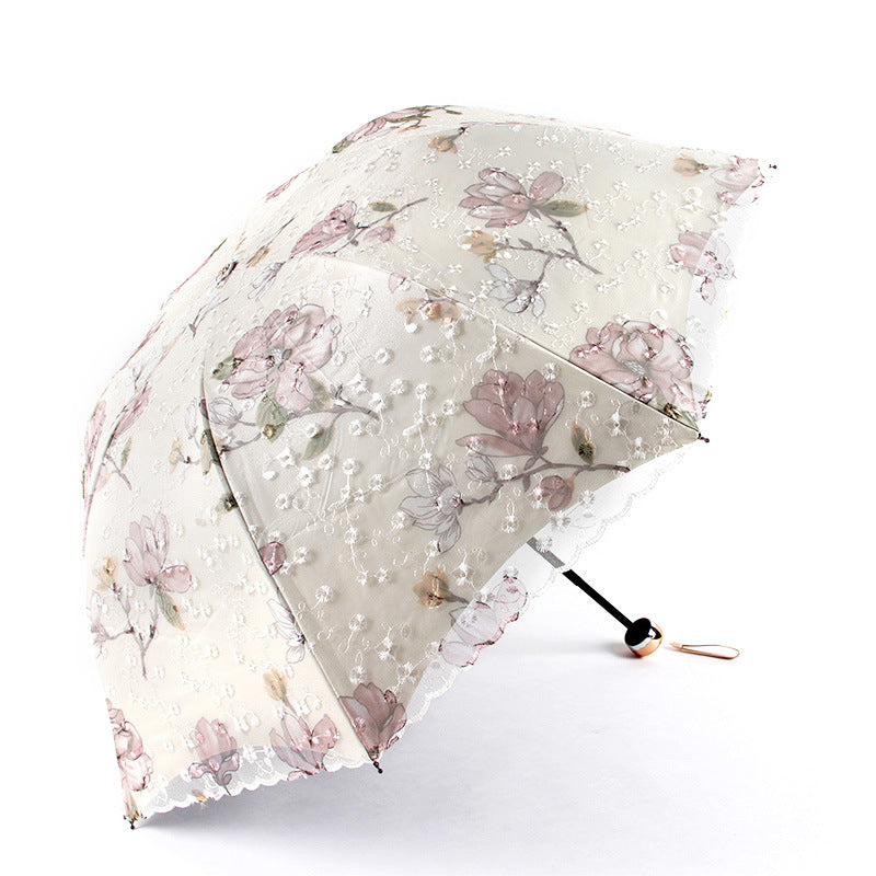 Apricot yellow Elegant Lace Parasol - UV Protection, Sun &amp; Rain Umbrella, Tri-Fold Design