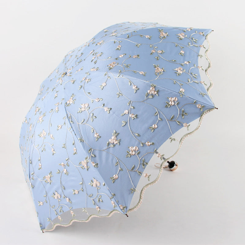 Ivy blue Elegant Lace Parasol - UV Protection, Sun &amp; Rain Umbrella, Tri-Fold Design