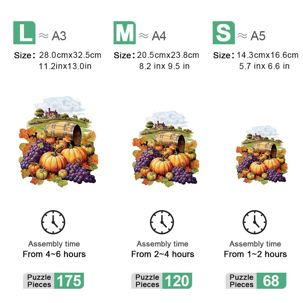 Harvest Pumpkins Wooden Puzzle - Vegetable & Fruit Design, Home Decor, Educational Toy (Size L)