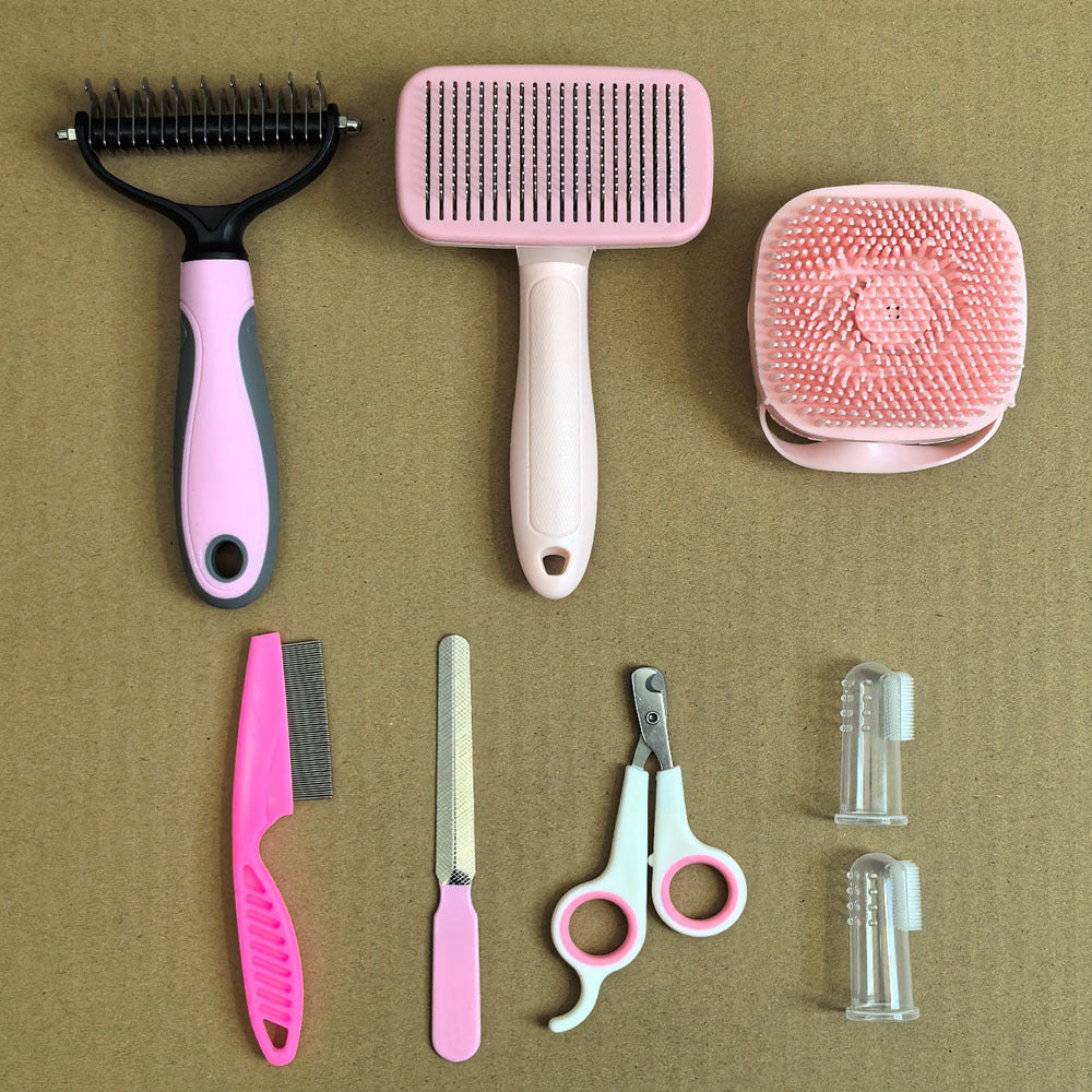 Pink 8-Piece Pet Grooming Tool Set - Brushes, Nail Clippers &amp; More