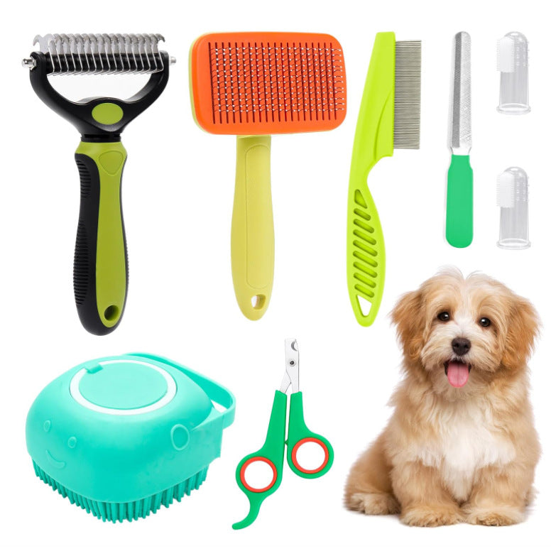 Green 8-Piece Pet Grooming Tool Set - Brushes, Nail Clippers &amp; More
