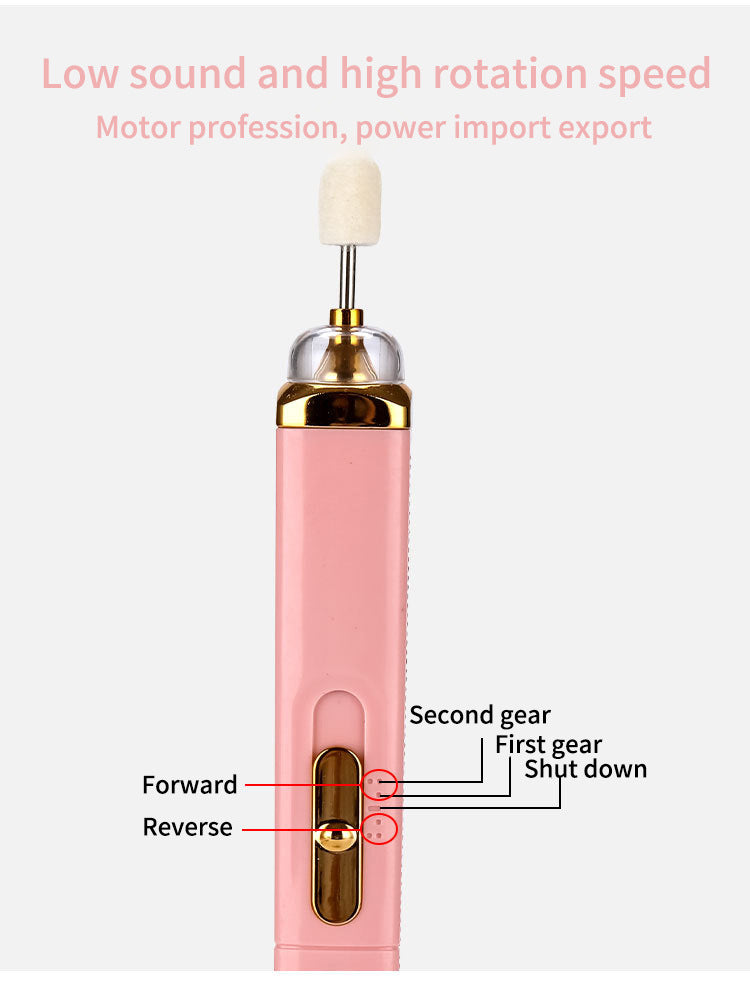 Pink Mini Electric Nail Polisher with USB Charging and 5 Grinding Heads